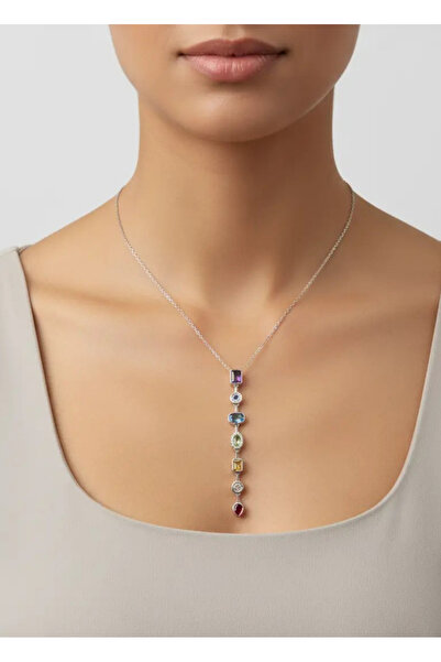 BİJU YILMAZ قلادة على شكل حرف Y من الفولاذ باللون الفضي مع حجر - 25-clkk164