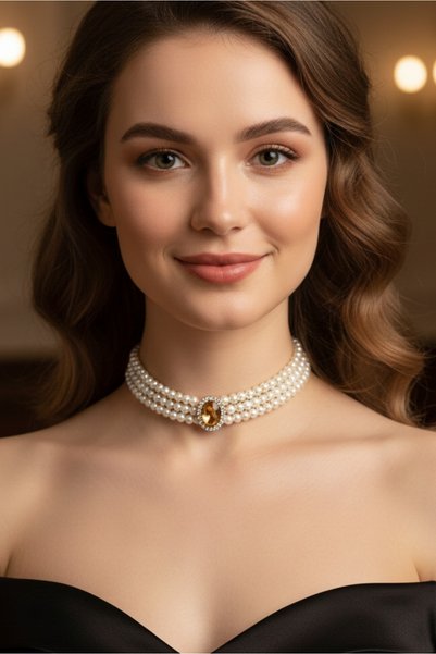 happyline accessories "ufak ayrıntılar güzelliği" Gold Oval Taşlı Cam İncili Choker Kolye, Tasma Kolye, Gold Kaplama Tasarım Kolye, Bal Taşlı Kolye