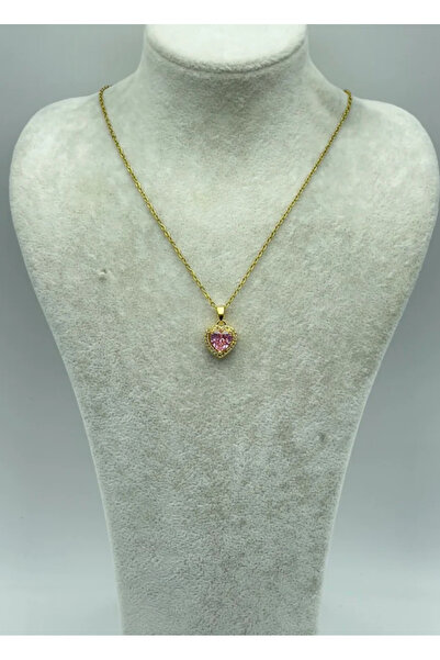 BİJU YILMAZ Steel Gold Pink Stone Heart Necklace - 25-Ctr52