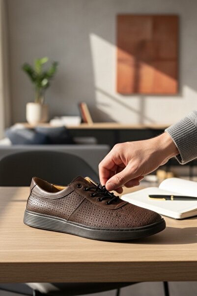 enoch حذاء رياضي رجالي من الجلد الطبيعي باللون البني من إينوك، مثقوب بالليزر،...