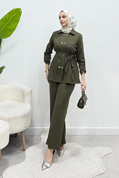 Tesettür Diyarı Pera Snap Fastener Crepe Fabric Hijab Set - Khaki