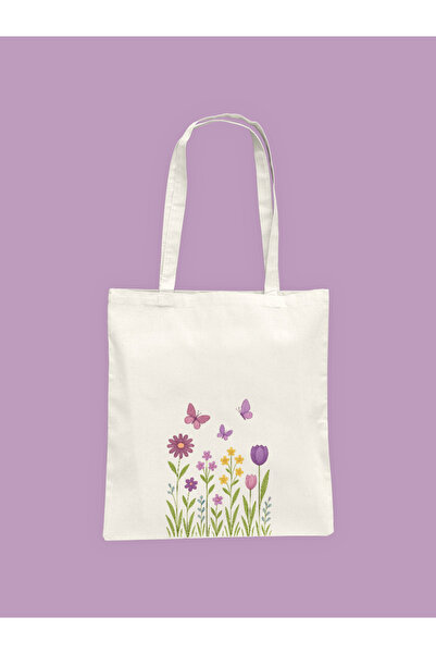 Hayali Şeyler Kelebekli Bahar Çiçekleri Baskılı Bez Çanta