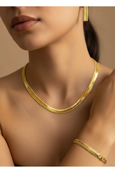 BİJU YILMAZ Vip 22K Altın Kaplama Kolye Küpe Bileklik Set - 25-22ks21