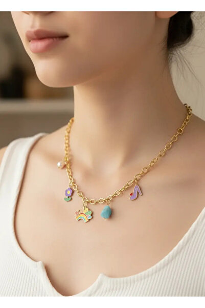 BİJU YILMAZ Steel Gold Color Charm Necklace - 25-Clkk140