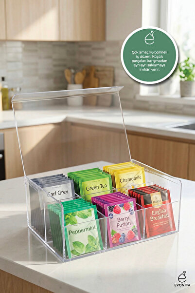 EVONİTA 6 Compartment Clear Tea and Tea Bag Organizer Box with Lid Kitchen an...