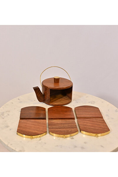 Crafted by Lifestyle طقم حامل أكواب خشبي لإبريق الشاي