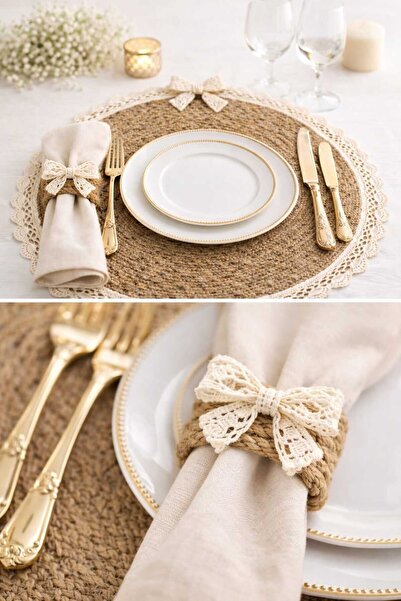 ecrella 2’li Jüt Supla & Jüt İp Peçete Halkası Seti – Dantelli Rustik Sofra A...