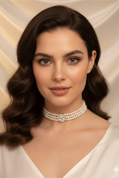 Happyline Gümüş Oval Taşlı İncili Choker Kolye, Tasma Kolye, Gold Kaplama Tas...