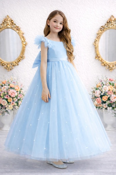 SUNEH Fırfır Kollu Bebe Mavi Uzun İncili Kız Çocuk Prenses Elbise Mezuniyet D...
