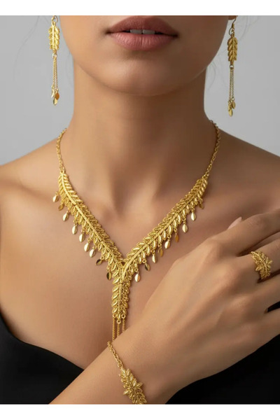 BİJU YILMAZ Vip 22K Altın Kaplama Kolye Küpe Bileklik Yüzük Set - 25-22ks14