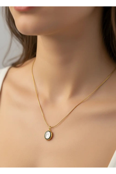 BİJU YILMAZ Steel gold oval white design necklace - 26clko05