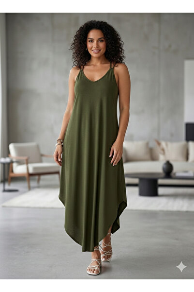She Combines Women's Khaki Viscose Loose Dress - Thin Straps Asymmetrical Cut...