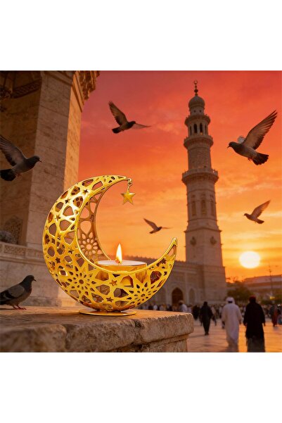 Pomefar حامل شموع رمضاني على شكل هلال، حامل شموع ذهبي لحفلات رمضان، زينة رمضا...
