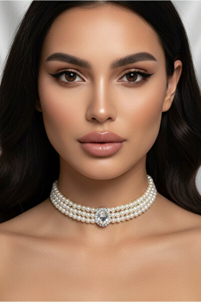 Happyline Gümüş Oval Taşlı İncili Choker Kolye, Tasma Kolye, Gümüş Kaplama Ta...