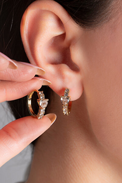 Elika Silver Kadın Taşlı Kalpli Minimal Halka Küpe