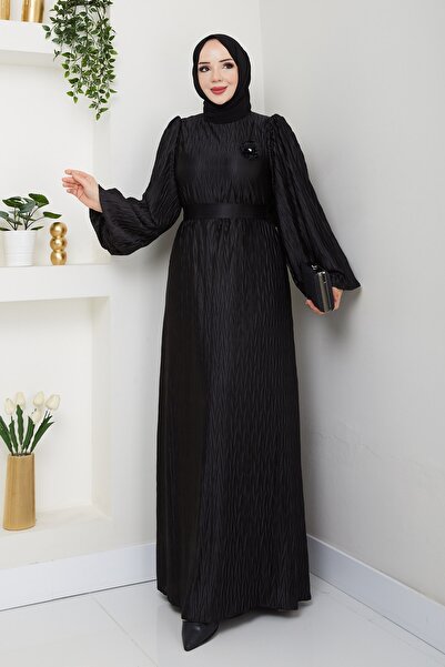 She Olive Crinkled Fabric Draped Hijab Dress – Stylish Event Dress with Ballo...