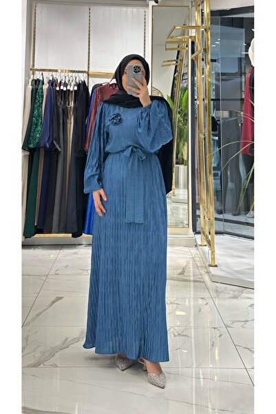 She Olive Crinkled Draped Fabric Hijab Dress – Stylish Event Dress with Ballo...