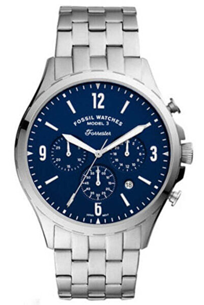 Fossil Forrester Chronograph Blue Dial Silver Steel Strap Watch for Men