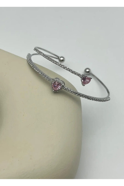 BİJU YILMAZ Vip Silver Pink Heart Stone Handcuffs - 26Vipk21