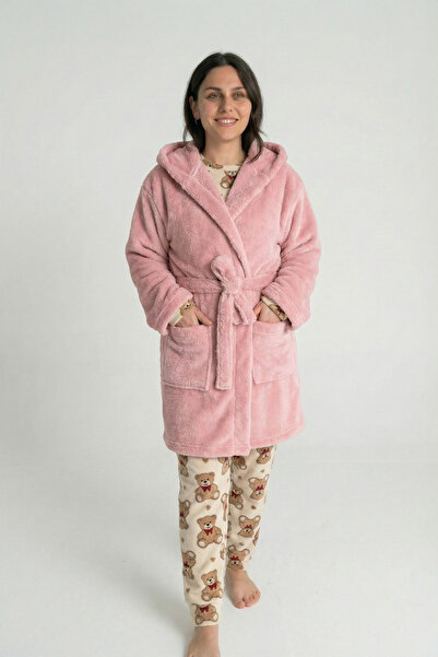 Sevim Hooded Wellsoft Robe & Plush Bathrobe - Soft, Fleece Unisex Robe-Powder