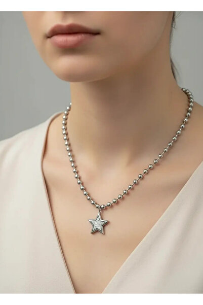 BİJU YILMAZ Steel Silver Star Necklace - 25-Clkk66