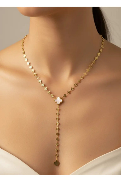 BİJU YILMAZ Steel Gold Clover Y Necklace - 25-Clkk239