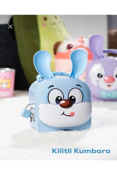 KUMBARAM Sevimli Mavi Tavşanlı Kilitli Çocuk Kumbara - Para Biriktirme Arkada...