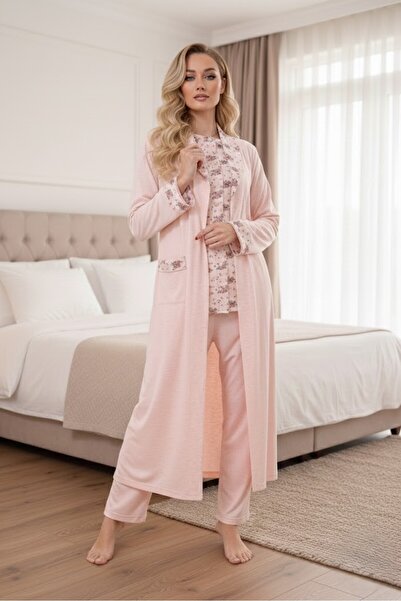 Lohusa Homewear Women's Powder Floral Patterned Buttoned Long Sleeve Plus Siz...