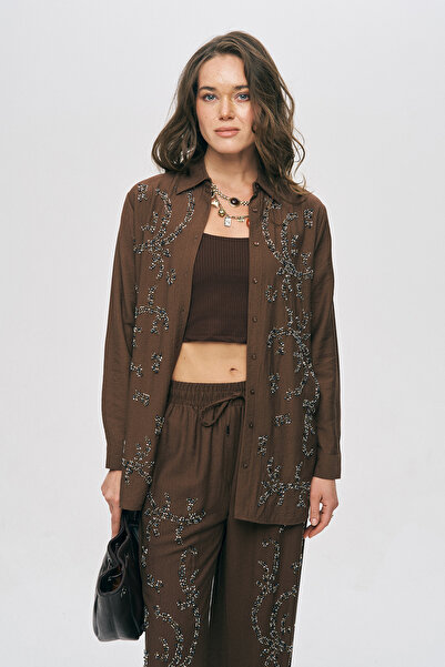 Orfeo Negro Women's Sapphire Bead Embroidered Silky Viscose Oversize Shirt