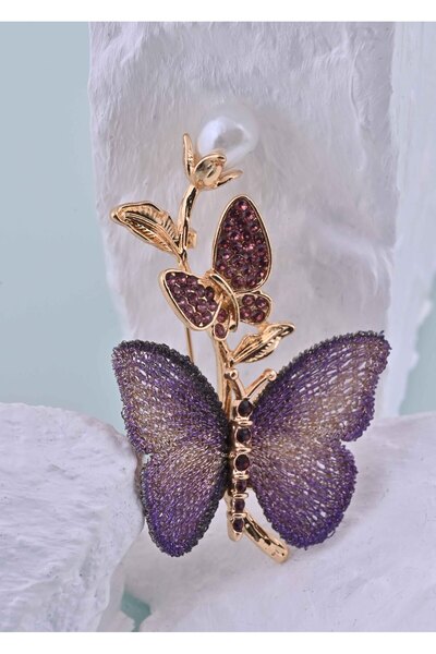 LUNİN Mor Kelebekli İnci Detaylı Broş
