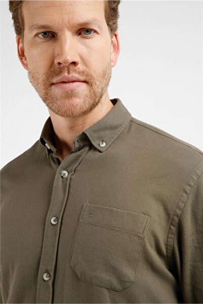 İmza Khaki Buttoned Collar Long Sleeve Pocket Slim Fit 100% Cotton Shirt 1004...