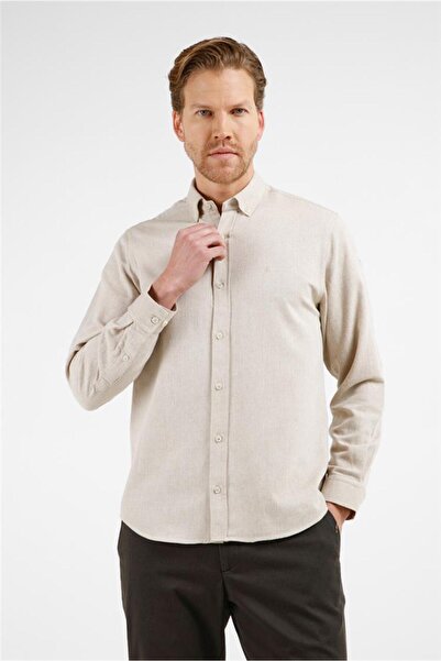 İmza Μπεζ - Ταν Καφέ Πουκάμισο με Κουμπιά στο Γιακά, Μακρυμάνικο, Χωρίς Τσέπε...