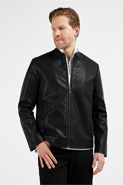 İmza معطف جلدي كاجوال بقصة ضيقة وياقة عالية باللون الأسود 1038255150