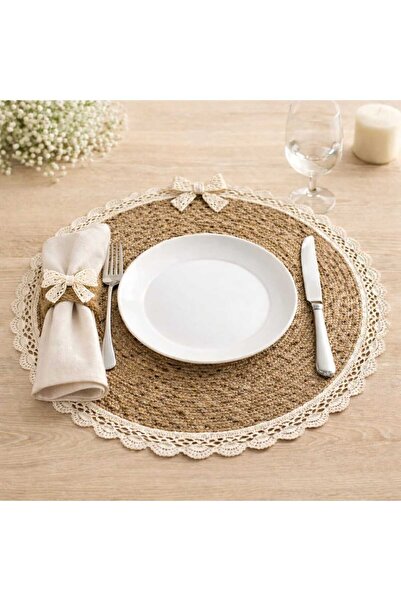 ecrella 6’lı Jüt Supla & 6'lı Jüt İp Peçete Halkası Seti – Dantelli Rustik So...