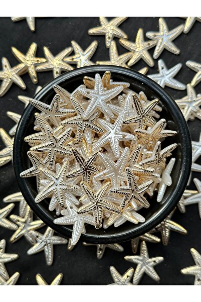 Bijumix Aksesuar 50 Adet 22 mm Deniz Yıldızı Plastik Boncuk Beyaz Altın Yaldız