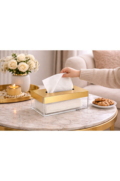 Dania ✨ Clear acrylic tissue box with a smooth gold metal lid – a touch of mo...