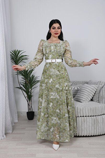 Warazan فستان مشجر طويل برنت مع حزام