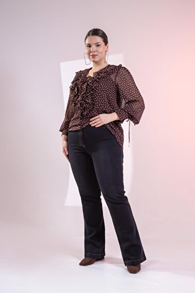 Roxxlen بنطلون نسائي من الدنيم الإسباني باللون الأسود بخياطة الخردل مقاس كبير