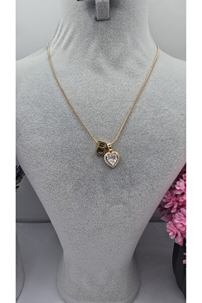 ahsenaksesuar2025 Kişiye Özel B Harfli Kalp Kolye Altın ve Gümüş Renkli Zirko...