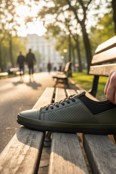 enoch حذاء رياضي رجالي من الجلد الطبيعي باللون الأخضر من إينوك، مثقوب بالليزر...