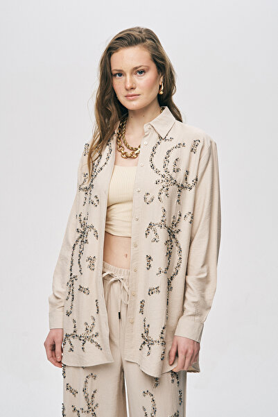 Orfeo Negro Women's Sapphire Bead Embroidered Silky Viscose Oversize Shirt