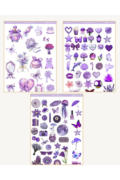 MirayDesign 6 Sayfa Mor Renk Temalı Sticker Seti (12*17 cm)/Scrapbook, Bullet Journal, Planlayıcı İçin