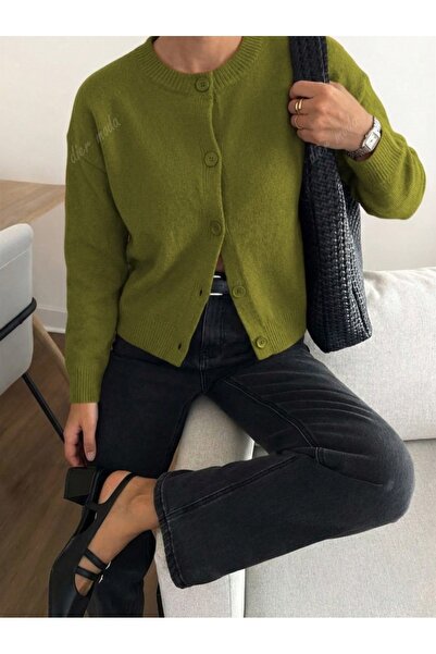 Dier Moda Oil Green Crew Neck Soft Textured Buttoned Knitwear Cardigan Jacket...