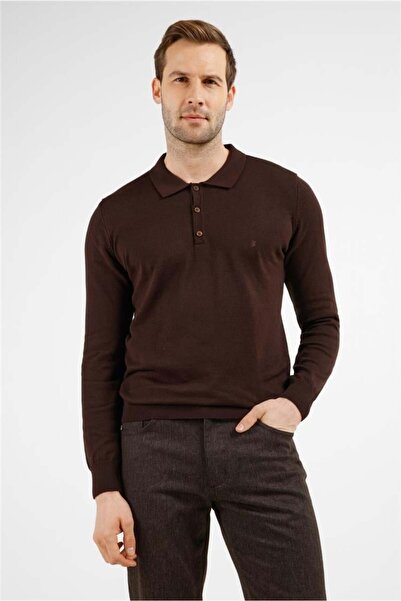 İmza Brown Polo Collar Pocketless Comfort Fit Classic Cotton Knitwear Sweater...