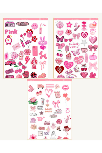 MirayDesign 6 Sayfa Pembe Renk Temalı Sticker Seti (12*17 cm)/Scrapbook, Bullet Journal, Planlayıcı İçin