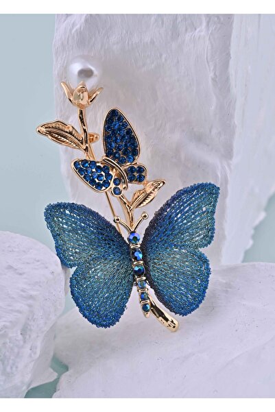 LUNİN Mavi Kelebekli İnci Detaylı Broş