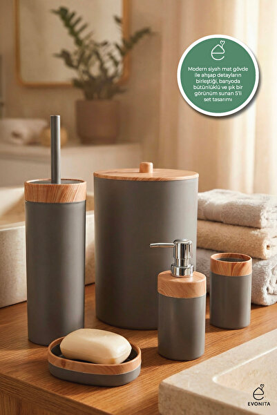 EVONİTA Ahşap Desenli 5'li Banyo Seti Çöp Kovası, Sıvı Sabunluk, Diş Fırçalık...