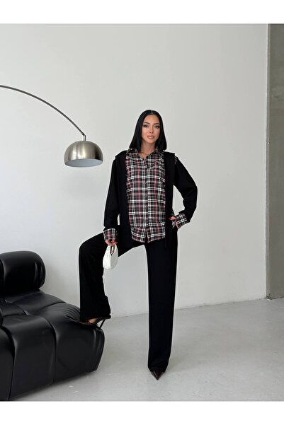 ebru akten butik طقم مكون من قميص وبنطلون بتفاصيل منقوشة ومزينة بالكاروهات