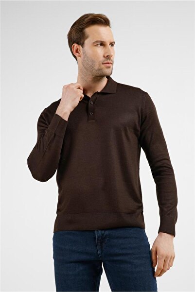 İmza Brown Polo Collar Pocketless Comfort Fit Classic Cotton Knitwear Sweater...