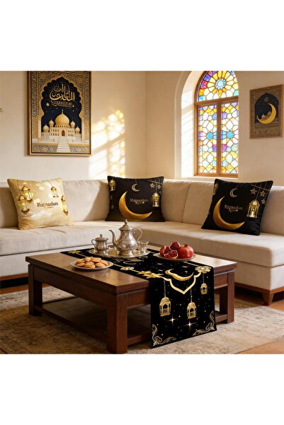 Pomefar Ramadan Decoration-5pcs Home Set with Ramadan Table Runner & 4 Pillow...
